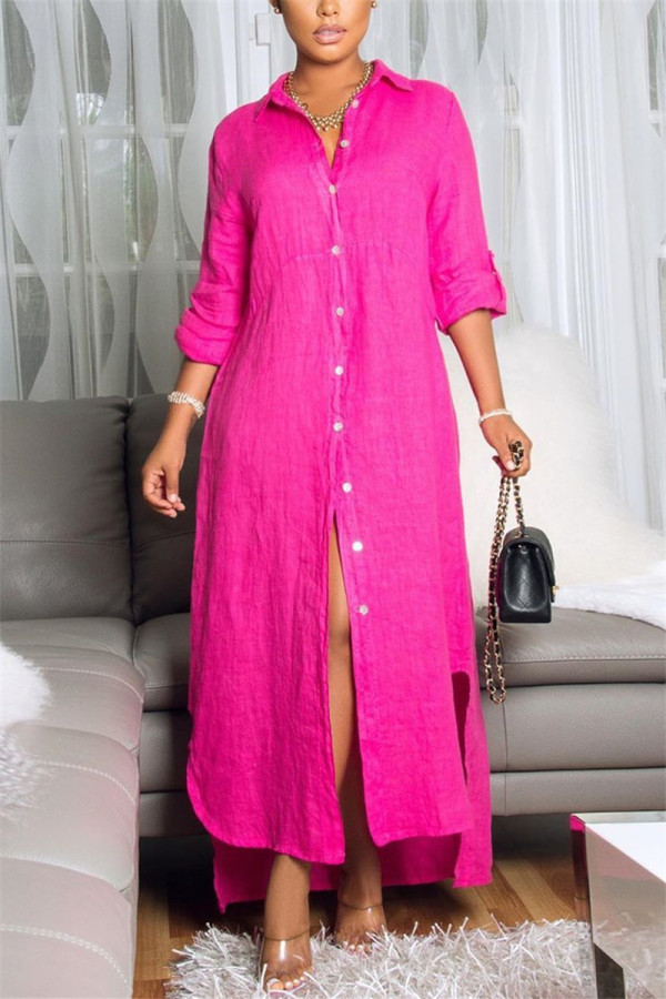 Розово-красное повседневное модное свободное длинное платье-рубашка с длинными рукавами (без пояса)