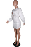 White Sexy Solid Fold O Neck Wrapped Skirt Dresses