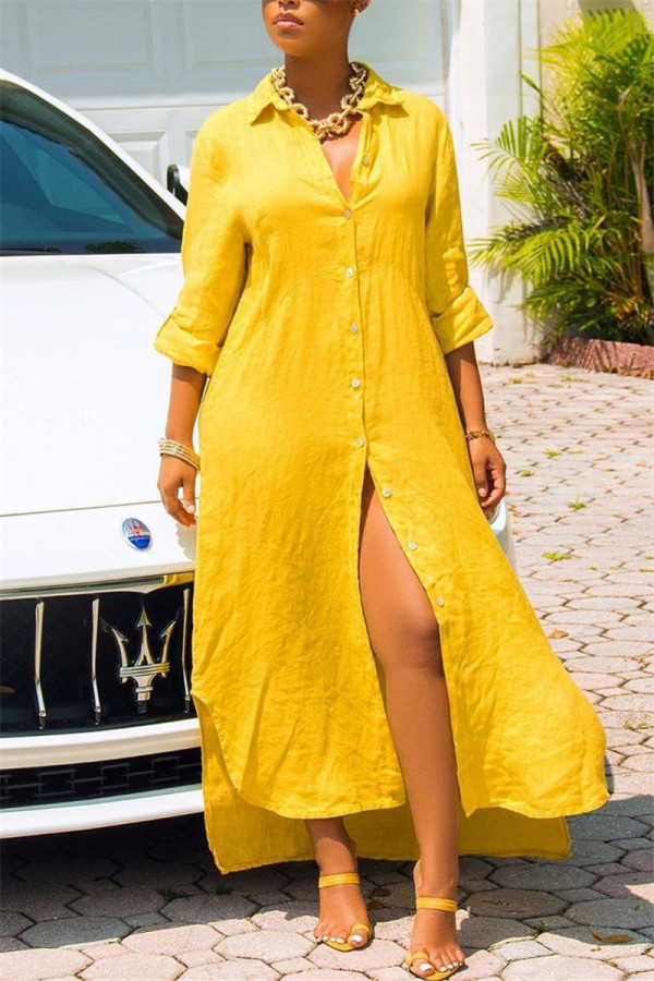 Желтое Повседневное модное свободное длинное платье-рубашка с длинными рукавами (без пояса)
