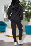 ブラックファッションカジュアルプリントベーシックフード付きカラー長袖ツーピース