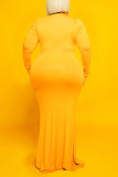 Vestido de manga larga de cuello alto básico sólido de talla grande informal amarillo de moda