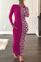Vestido de manga larga con cuello redondo y estampado de leopardo informal de moda rosa roja