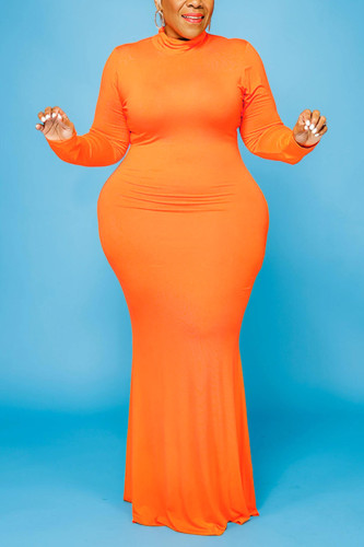 Orange Fashion Casual Plus Size Solid Basic Turtleneck Long Sleeve Dress
