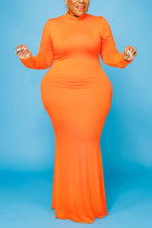 Оранжевое модное повседневное однотонное базовое платье с высоким воротником большого размера и длинным рукавом большого размера