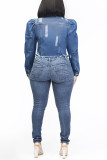 Casacos jeans com estampa casual moda azul médio sólida básica manga longa manga longa
