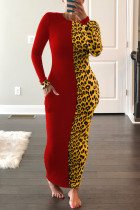 Vestido vermelho moda casual estampa leopardo patchwork gola redonda manga comprida