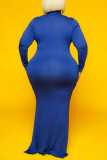 Blauwe mode casual plus size effen basic coltrui jurk met lange mouwen