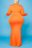 Oranje Mode Casual Grote maten effen basic coltrui jurk met lange mouwen