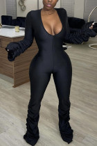 Zwarte sexy effen gevouwen V-hals jumpsuits