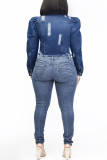 Casacos jeans com estampa casual moda azul escuro sólida básica manga longa manga longa