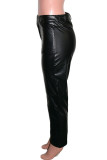 Schwarze, sexy, einfarbige Patchwork-Hose mit geradem Gürtel
