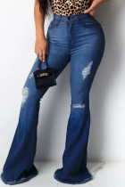 Dark Blue Sexy Solid Ripped High Waist Boot Cut Flare Leg Denim Jeans