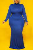 Синее модное повседневное однотонное базовое платье с длинным рукавом большого размера больших размеров с высоким воротником