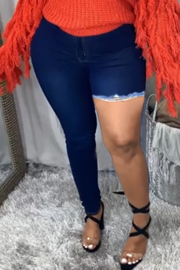 Jeans skinny azul escuro fashion sexy sólido assimétrico cintura alta