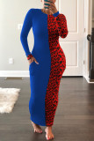 Vestido vermelho moda casual estampa leopardo patchwork gola redonda manga comprida