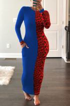 Blå Mode Casual Print Leopard Patchwork O-hals långärmad klänning