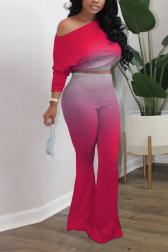 Rose Red Sexy Gradual Change Patchwork One Shoulder Half Sleeve Two Pieces
