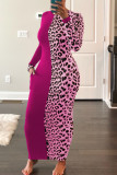 Vestido de manga larga con cuello redondo y estampado de leopardo informal de moda rosa roja
