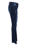 Jeans Sexy Azul Escuro Sólido Ripsado Bota Cintura Alta Corte Denim