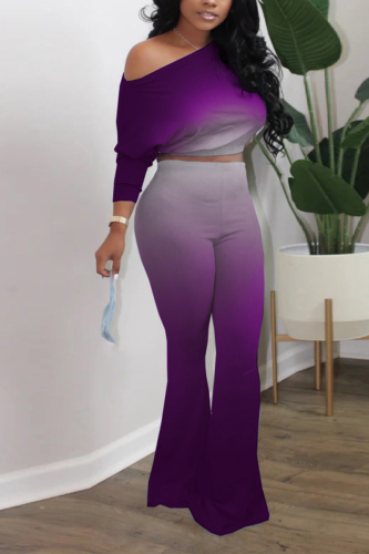 Purple Sexy Gradual Change Patchwork One Shoulder Half Sleeve Two Pieces