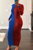 Blaues, modisches, lässiges Leoparden-Patchwork-Kleid mit O-Ausschnitt und langen Ärmeln