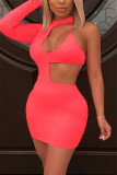 Pink Fashion Sexy Solid Hollowed Out O Neck Long Sleeve Dress