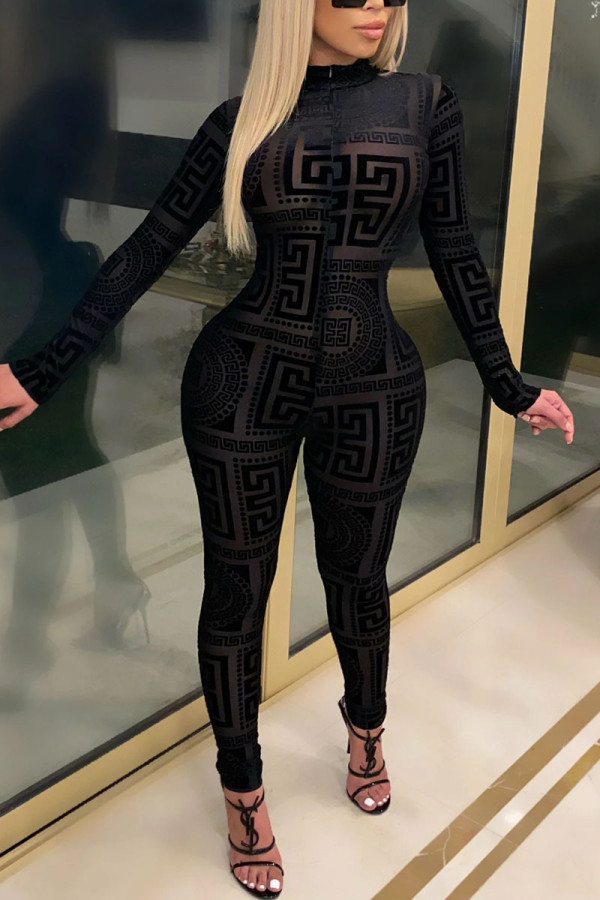 Black Sexy Print Without Belt O Neck Regular Jumpsuits