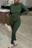 Army Green Casual Solid Basic Turtleneck Long Sleeve Two Pieces