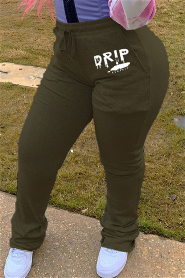 Pantaloni a vita media regolari con stampa casual alla moda verde militare