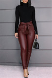 Pantalones lápiz de cintura alta flacos básicos sólidos casuales de moda rojo vino