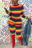 Regenbogenfarbe Mode Lässig Gestreifter Druck Basic O Neck Skinny Jumpsuits