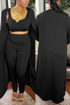Black Fashion Casual Solid Basic O Neck Long Sleeve Three-piece Set
