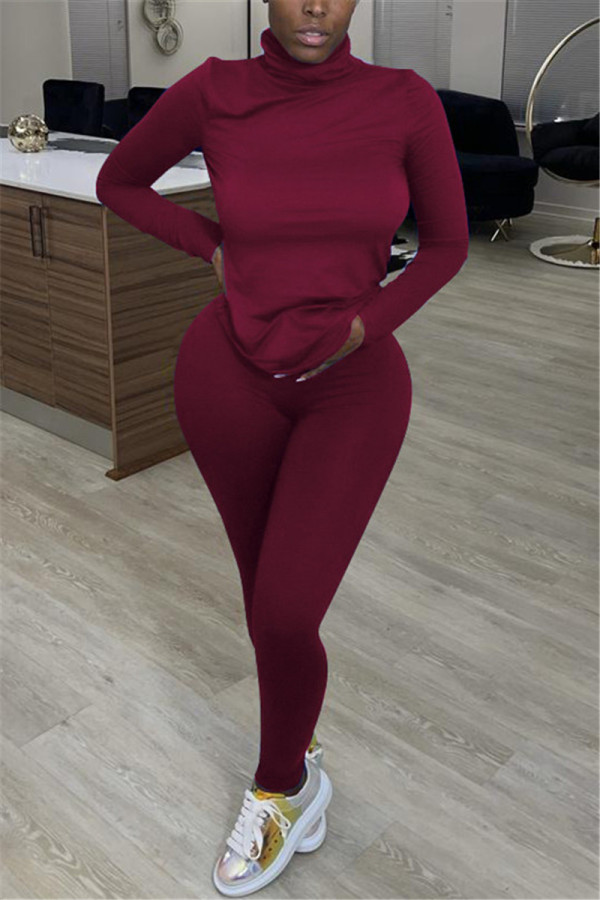 Wine Red Casual Solid Basic Turtleneck Long Sleeve Two Pieces