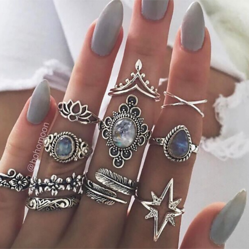 Set di undici anelli di diamanti casual retrò moda argento