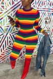 Rainbow Color Fashion Casual Striped Print Basic O Neck Skinny Jumpsuits