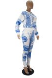 Blue Casual Print Patchwork O Neck Long Sleeve Two Pieces