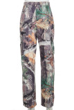 Коричневый Уличный принт Прямые брюки с цветочным принтом и небольшими эластичными вставками со средней посадкой