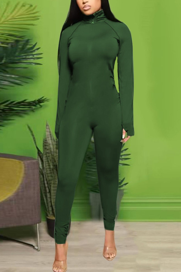 グリーンセクシーなソリッドジッパーカラースキニージャンプスーツ