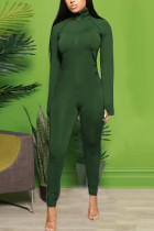 Green Sexy Solid Zipper Collar Skinny Jumpsuits