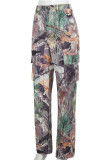 Marron Street Print Floral Patch Straight Small Elastic Mid Waist Straight Bottoms