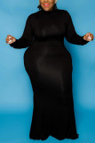 Черное модное повседневное однотонное базовое платье с высоким воротником и длинными рукавами больших размеров