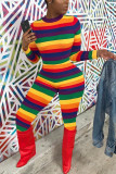 Rainbow Color Fashion Casual Striped Print Basic O Neck Skinny Jumpsuits