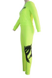 Fluorescent Green Casual Print Patchwork Hooded Collar Long Sleeve Two Pieces