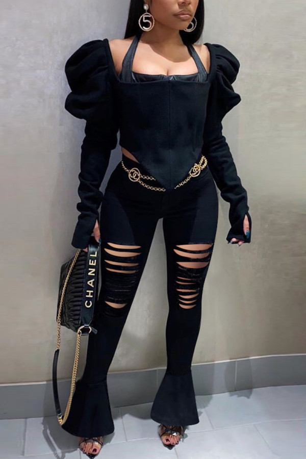 Black Fashion Sexy Solid Ripped Hollowed Out Square Collar Long Sleeve Two Pieces