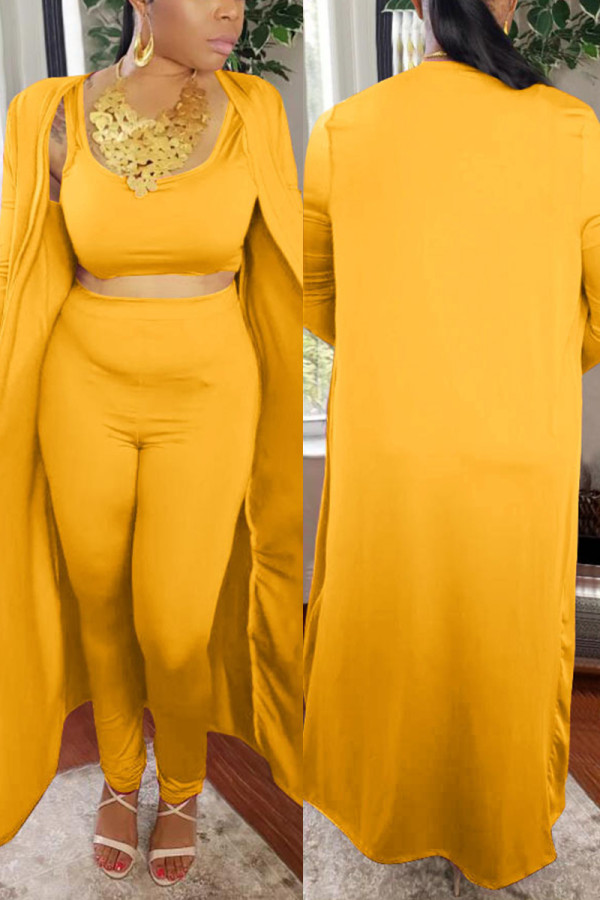 Желтый модный повседневный однотонный базовый комплект из трех предметов с круглым вырезом и длинным рукавом