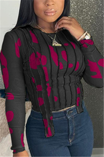 Black Fashion Casual Print Basic O Neck Tops
