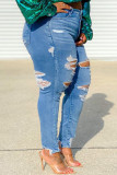 Azul sexy sólido rasgado patchwork cintura média jeans regular