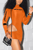 Oranje mode sexy print uitgeholde coltrui jurk met lange mouwen