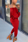 Red Casual Solid Patchwork Long Sleeve Two Pieces