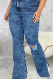 Jeans regular azul sexy com fenda rasgada e cintura média